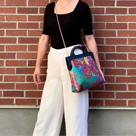 Genuine Leather Fruit Printed Gradient Color Wood Handle bag & 2 Chain Styles - Picture 8 of 16